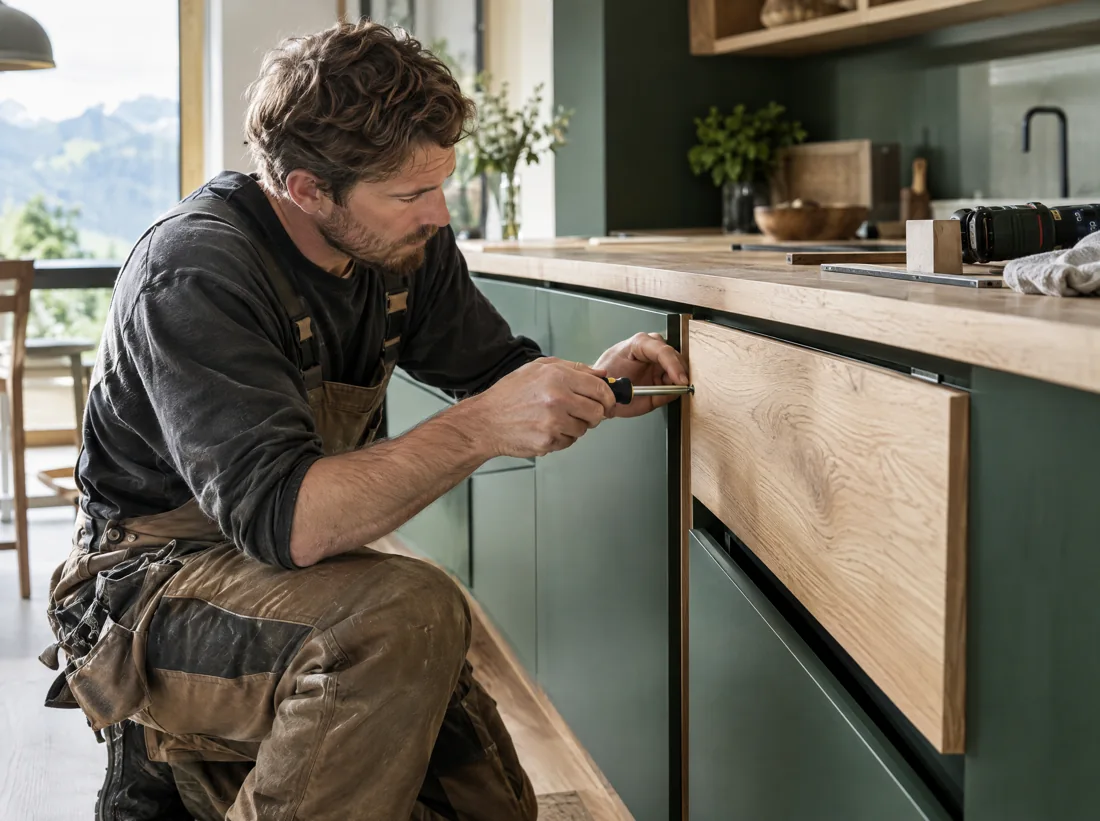 Menuisier ajustant les meubles d'une cuisine contemporaine en bois