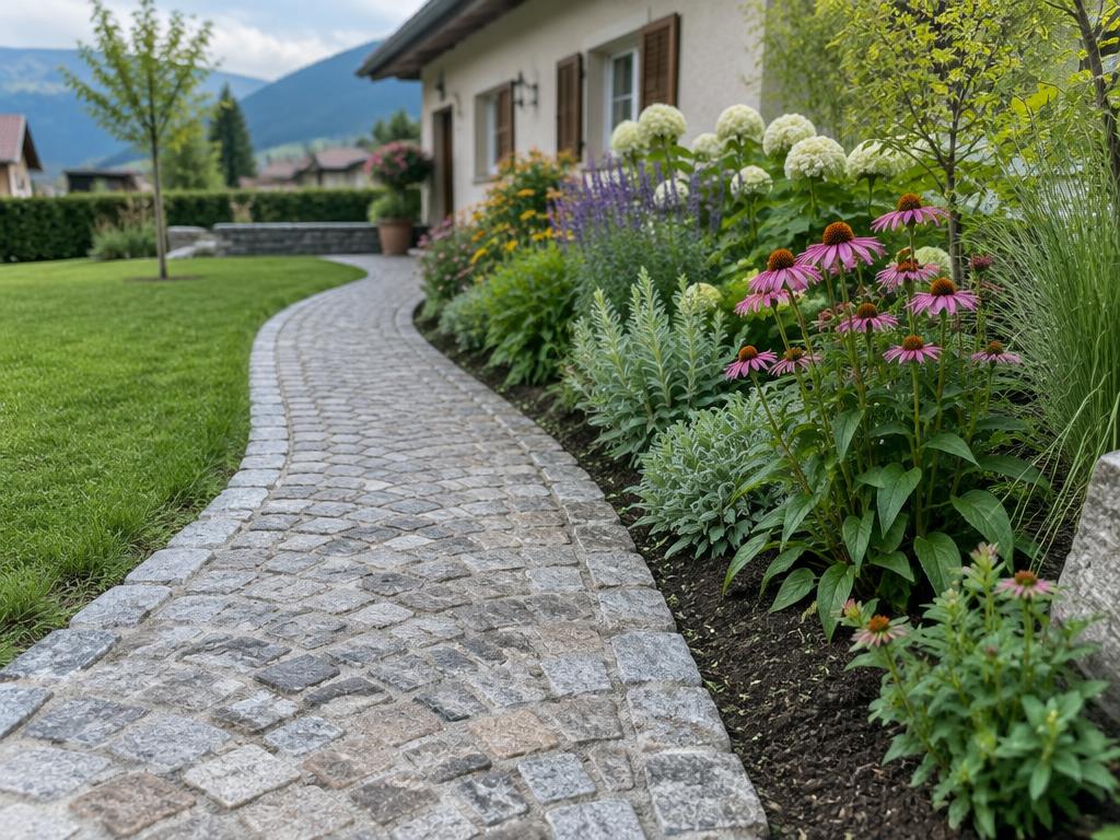 Allée en pavés bordée de plantes vivaces